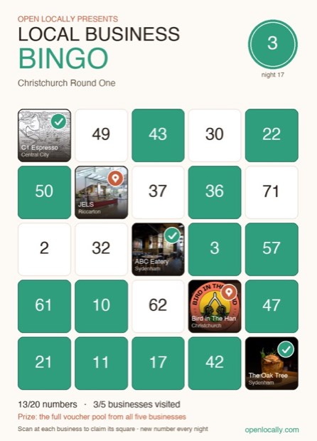 A real Local Business Bingo card — local shops in the squares, numbers drawn nightly