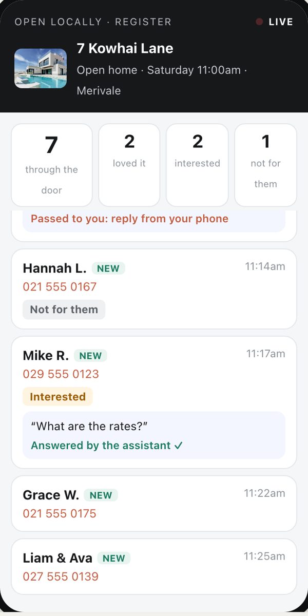 The live register on the agent's phone